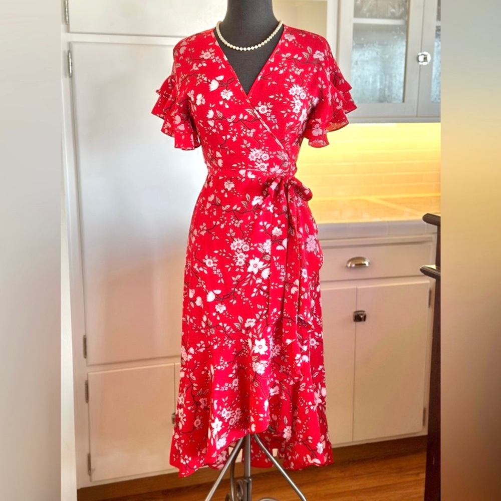 Max Studio Red Floral Wrap Dress - Picture 2 of 9